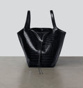 Front view of the LA MAMA LM1 luxury handbag in Black Matte Croco, crafted from croc-embossed vegan leather.