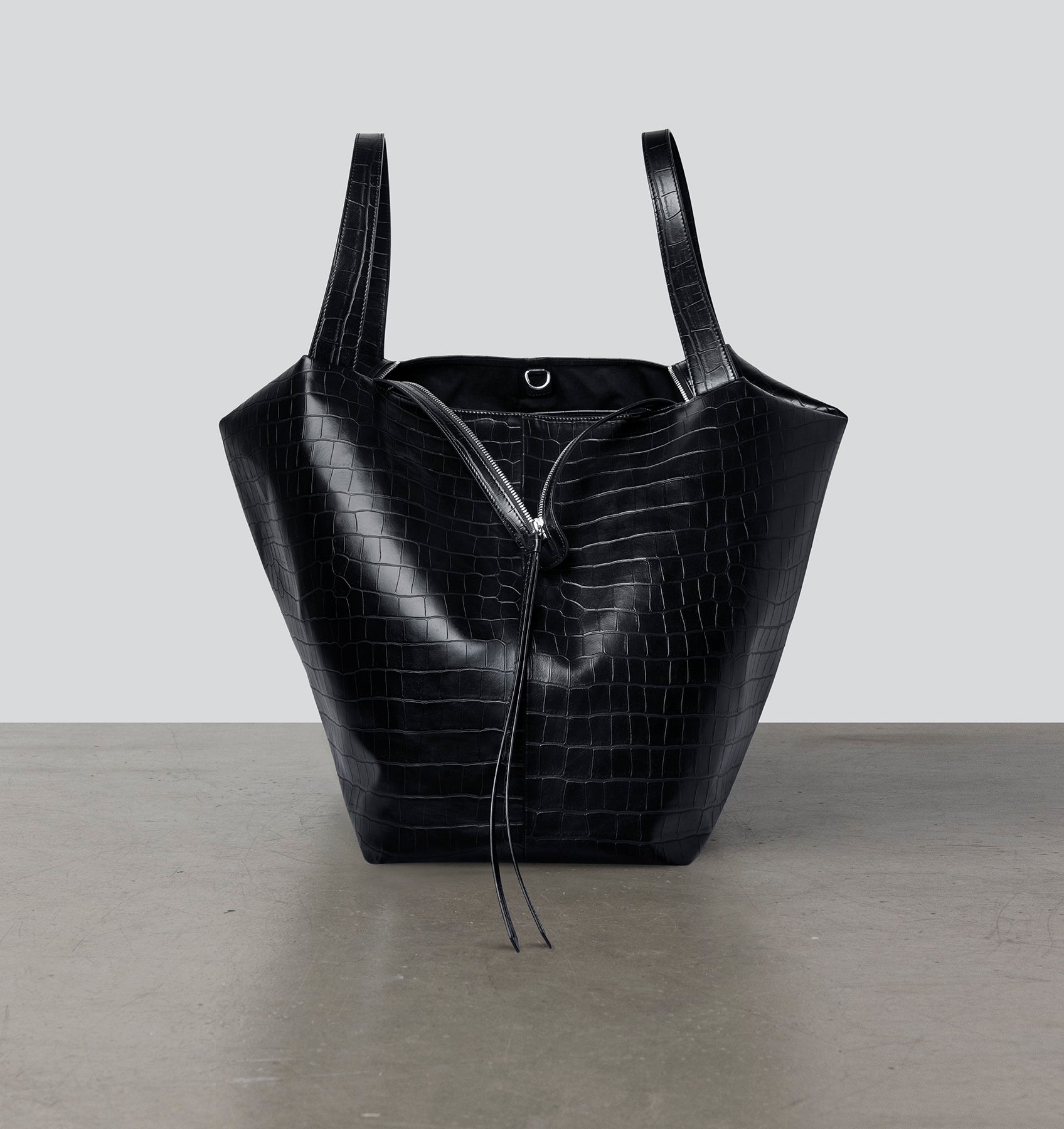 Front view of the LA MAMA LM1 luxury handbag in Black Matte Croco, crafted from croc-embossed vegan leather.