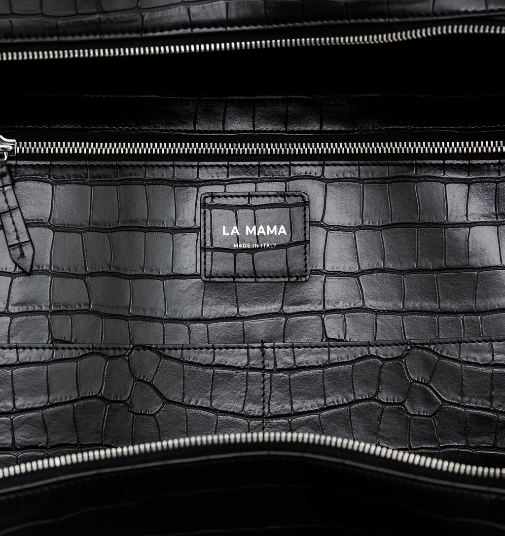 Close-up of the LA MAMA LM1 handbag in Black Matte Croco.
