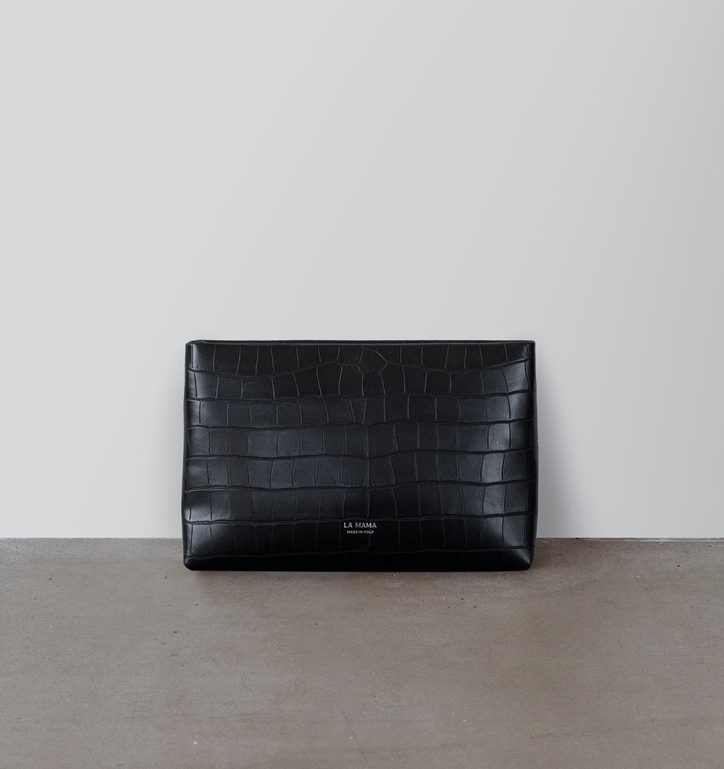 Front view of the LA MAMA Small Pouch in Black Matte Croco, crafted from croc-embossed vegan leather.