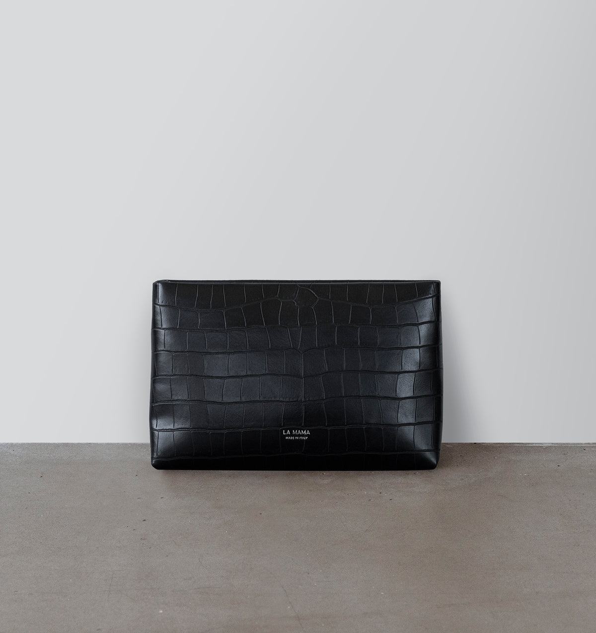 Front view of the LA MAMA Small Pouch in Black Matte Croco, crafted from croc-embossed vegan leather.