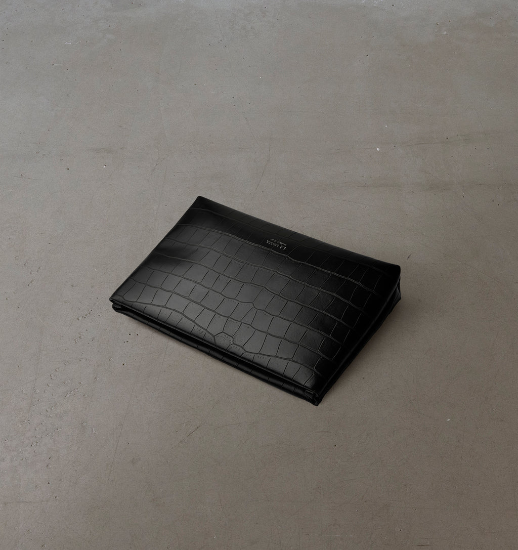 Top view of the LA MAMA Small Pouch in Black Matte Croco, crafted from croc-embossed vegan leather.
