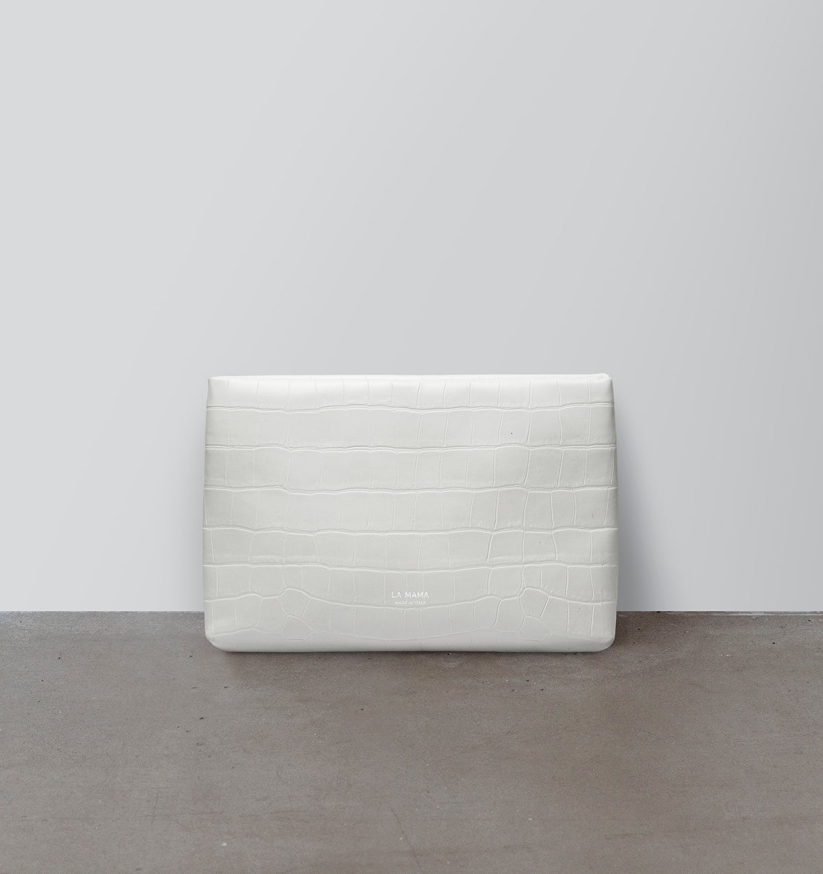 Front view of the LA MAMA Small Pouch in White Matte Croco, crafted from croc-embossed vegan leather.