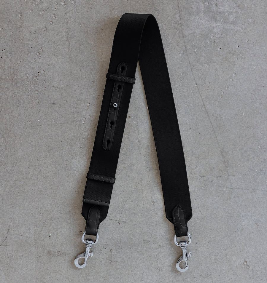Top view of the LA MAMA Tracolla in canvas with Black Matte Croco details.