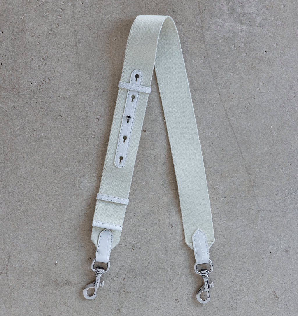 Top view of the LA MAMA Tracolla in canvas with White Matte Croco details.