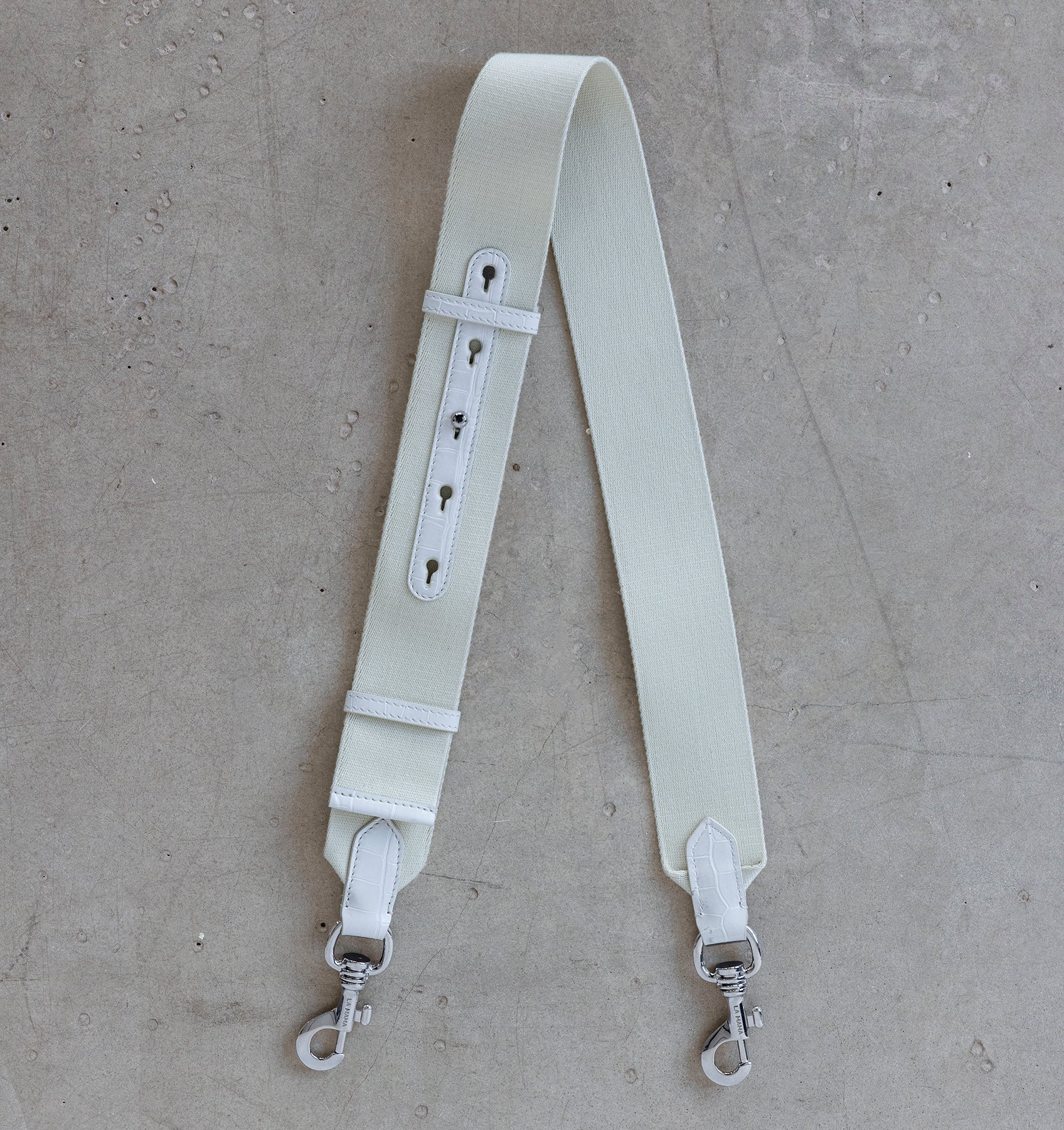 Top view of the LA MAMA Tracolla in canvas with White Matte Croco details.